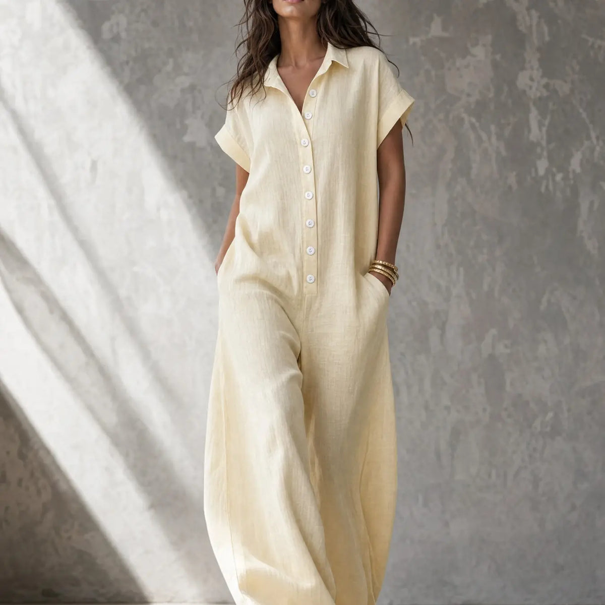 Women's Casual Minimalist Loose-Fitting Jumpsuit, Summer Short Sleeve Collared Print Jumpsuit, Wide Leg Long Pants with Button Closure