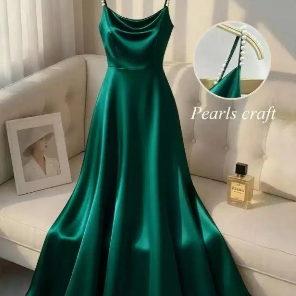 Elegant Satin Dress for Women, Handmade Beaded Strapless Formal Evening Gown, Waist Cinched Design, Pure Color Luxury Fashion