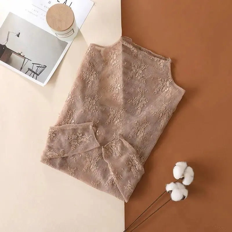 Women's 3-Pack Sheer Floral Embroidery Lace Long Sleeve Mock Neck Blouse Shirts (Black+White+Coffee) - Shirts for Women, Feminine Look, All Seasons Sports & Outdoor Camping Travel Essentials Tops