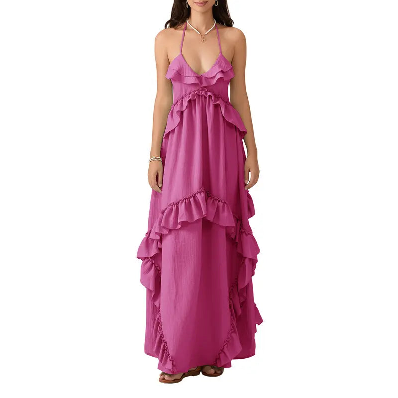 Women's Ocean Style Halter Neck Ruffle Maxi Dress - Lady's Fashion Apparel, V-Neck Tiered Flowy A-Line, Backless Sleeveless Multicolor Casual Wear for Summer Beach Vacation