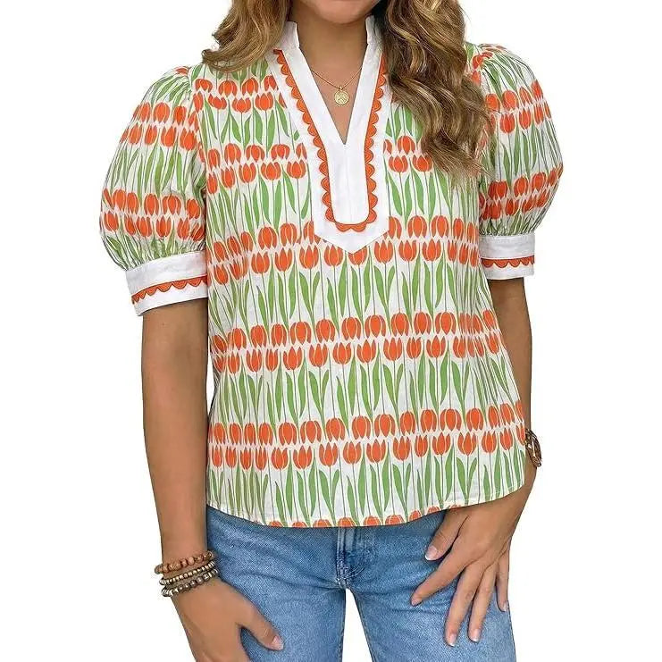 TANKANEO Women's Elegant Chic V-Neck Puff Sleeve Polyester Blouse - Dressy Tops for Coffee, Party, Summer, Loose Fit with Floral or Leopard Prints, Blouses for Women