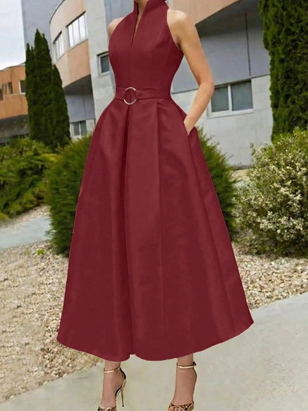 Elegant Chic Women's Party Dress Formal Wear, Solid Tie-Waist A-Line Skirt, Spring Summer New, Sleeveless V-Neck Commuter Dress for Urban Style, Elegant Minimalist Dress