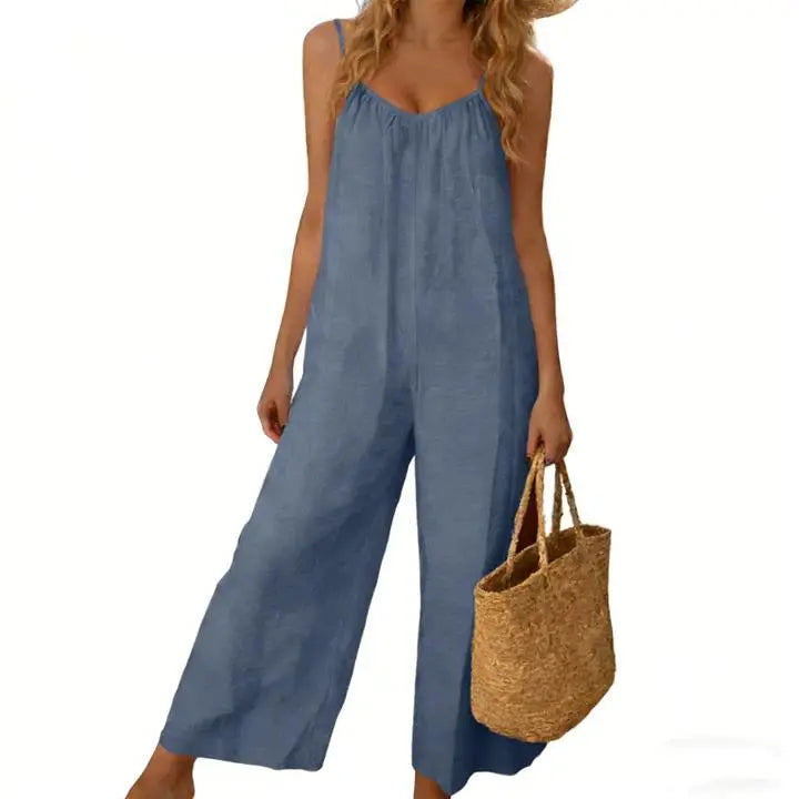 UANEO Women's Backless Jumpsuit Adjustable Spaghetti Strap Wide Leg Loose Vacation Style Romper with Pockets