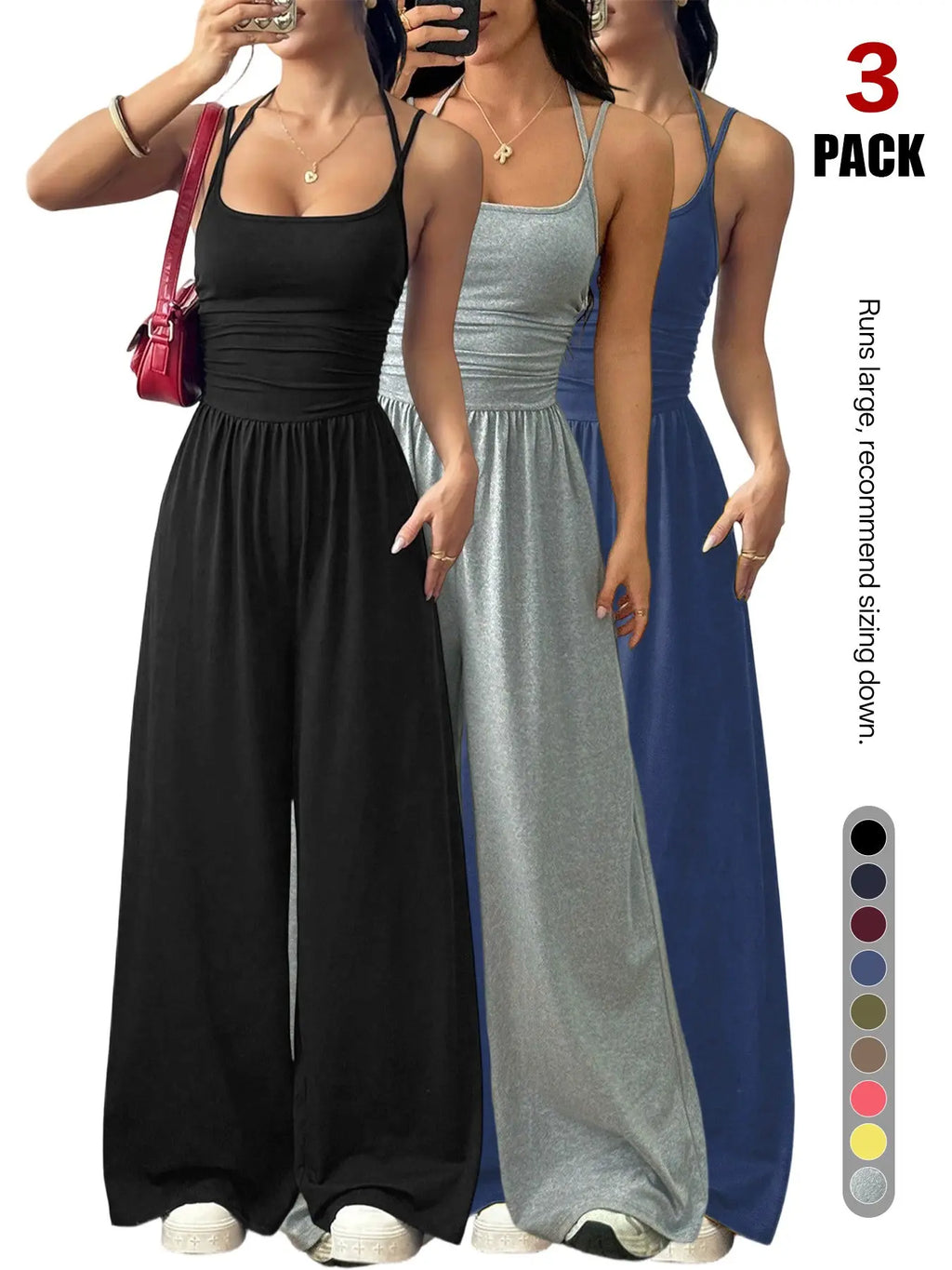 Women's Backless Jumpsuit, Basic Spaghetti Strap Smocked Bodice One Piece Romper, Sleeveless Wide Leg Casual Outfit, No Pockets, All Seasons Vacation Wear