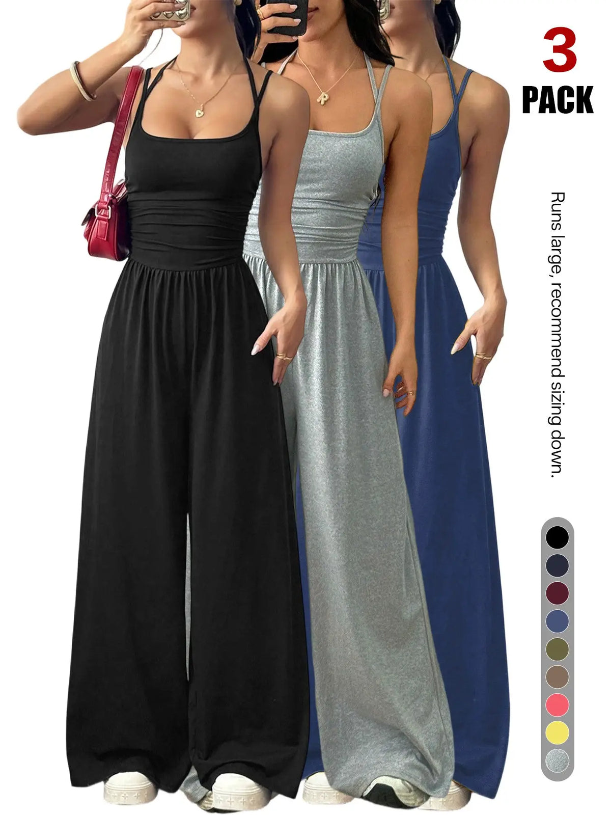 Women's Backless Jumpsuit, Basic Spaghetti Strap Smocked Bodice One Piece Romper, Sleeveless Wide Leg Casual Outfit, No Pockets, All Seasons Vacation Wear
