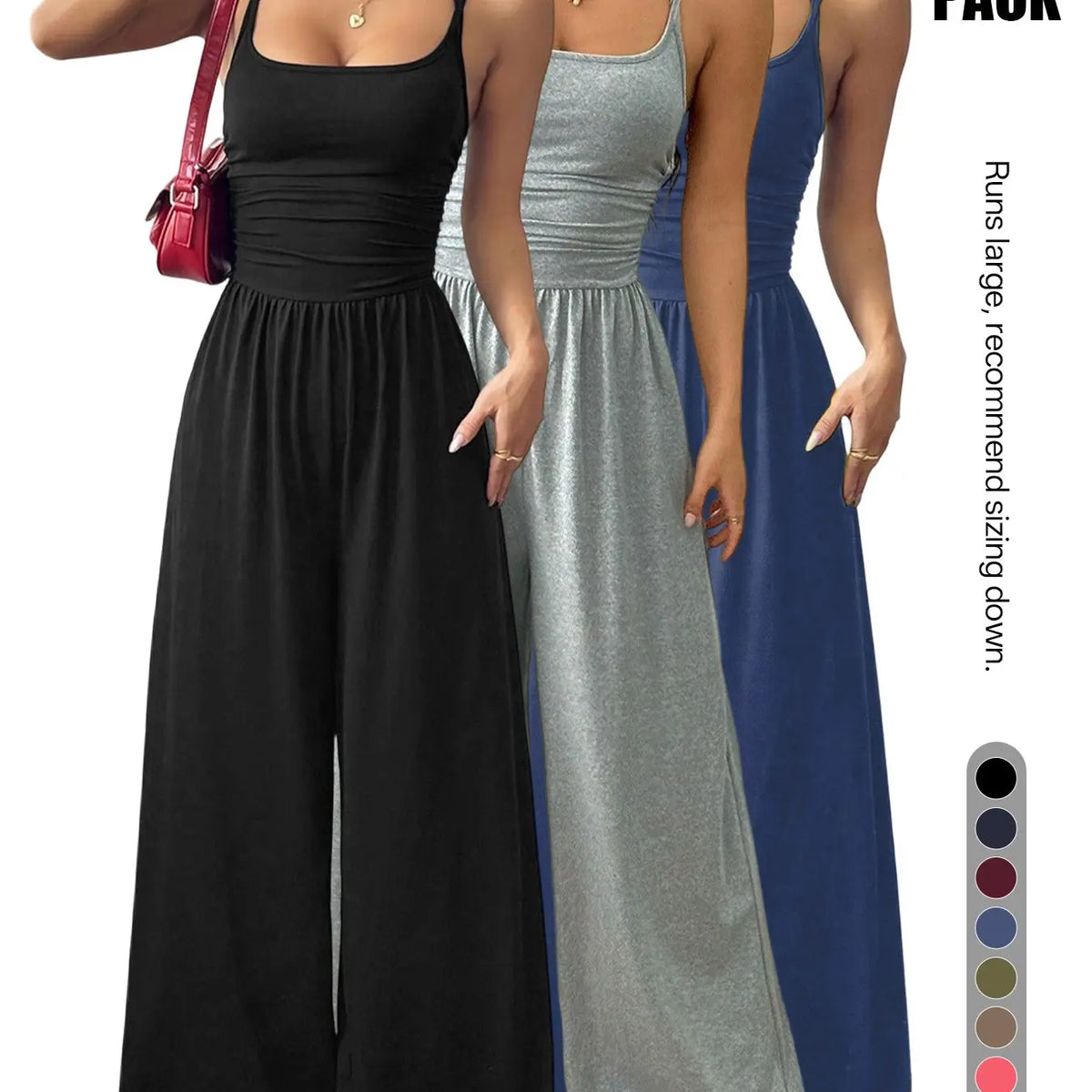 Women's Backless Jumpsuit, Basic Spaghetti Strap Smocked Bodice One Piece Romper, Sleeveless Wide Leg Casual Outfit, No Pockets, All Seasons Vacation Wear