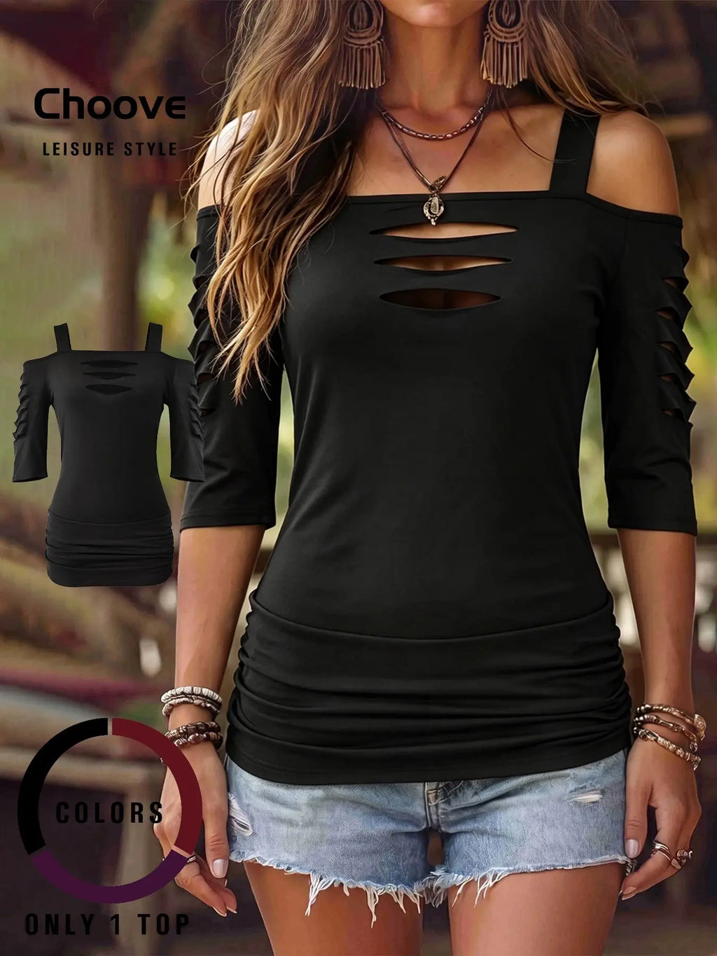 Choove Women's Cold Shoulder 3/4 Sleeve Top, Cutout Strap Detail and Ruched Sides, Slim Fit Going Out Shirt