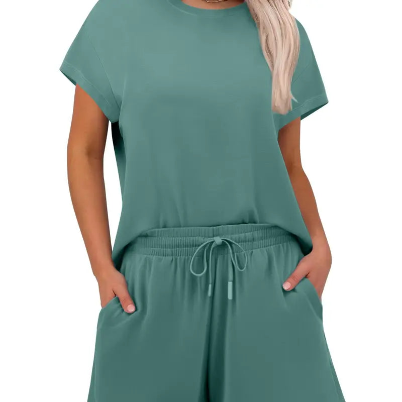 PINSPARK Women's 2-Piece Matching Set - Summer Crewneck Top, Drawstring Shorts with Pockets, Soft Fabric, Casual Travel Outfits, 2026 Trendy Sports & Outdoor Lounge Wear