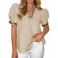 TANKANEO Women's Elegant Chic V-Neck Puff Sleeve Polyester Blouse - Dressy Tops for Coffee, Party, Summer, Loose Fit with Floral or Leopard Prints, Blouses for Women
