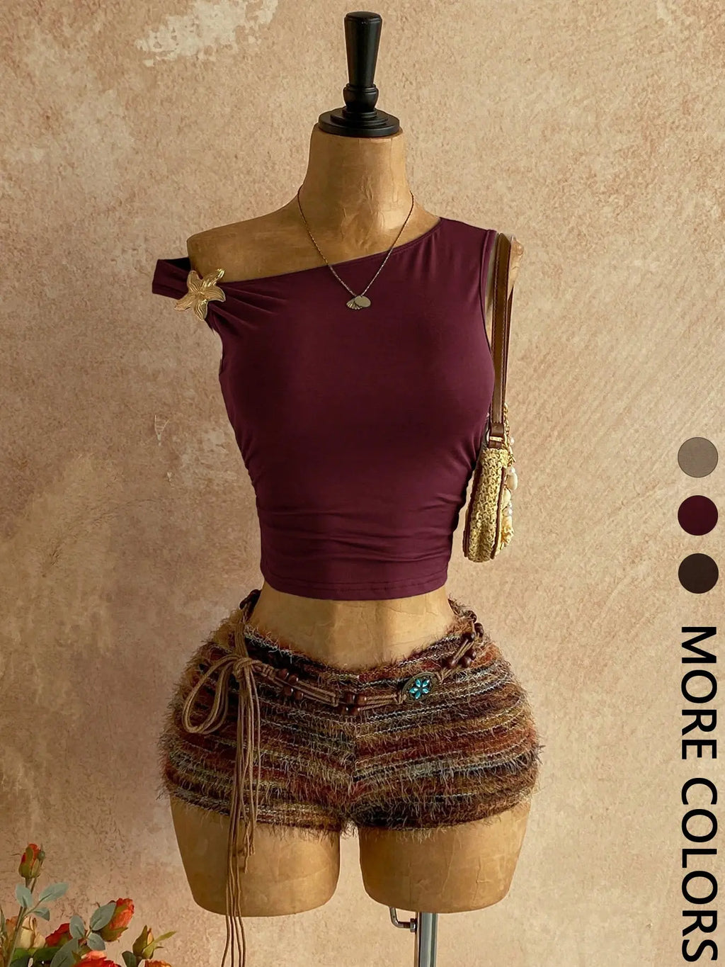 Y2K Aesthetic Casual Womenswear One-Shoulder Sleeveless Metallic Accent Crop Top & Vintage Fringe Tweed Shorts Set Striped Sets Shorts Sets Outfits Summer Sets
