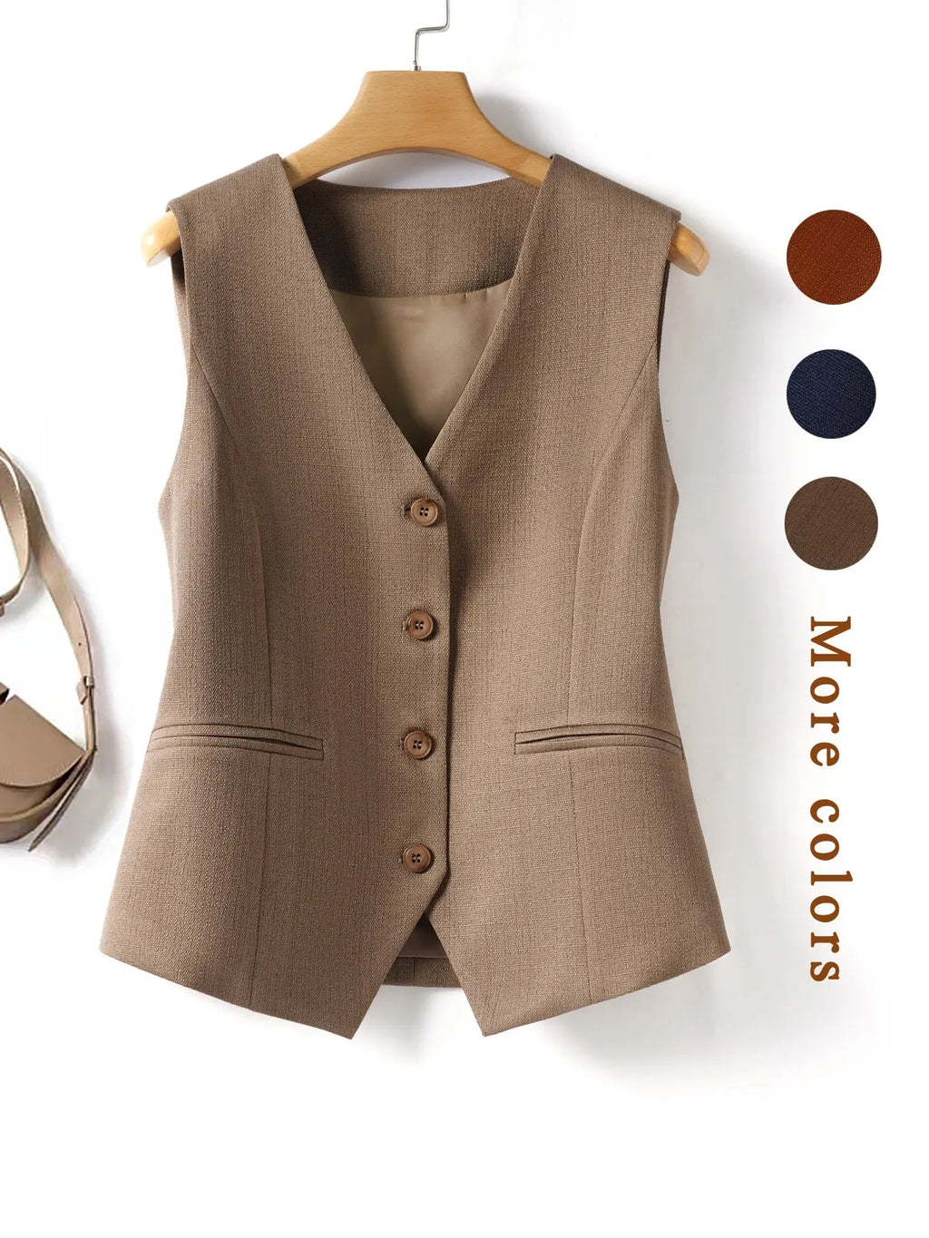 Women's V-Neck Button Gilet, Button Front Vest, Short Elegant Vest for Spring & Fall, Casual Plain Surface Outerwear, Fashionable Slim Fit Top