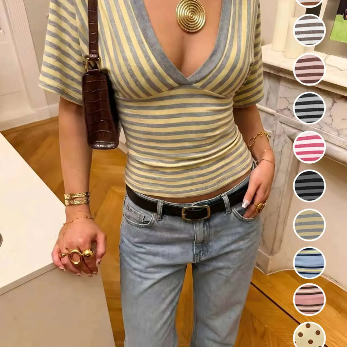 Striped V-Neck Wrap Top, Form-Fitting Puff Sleeve Y2K Crop Blouse, Stylish, Comfortable and Fashion Piece for Everyday Wear, Casual Everyday Tops