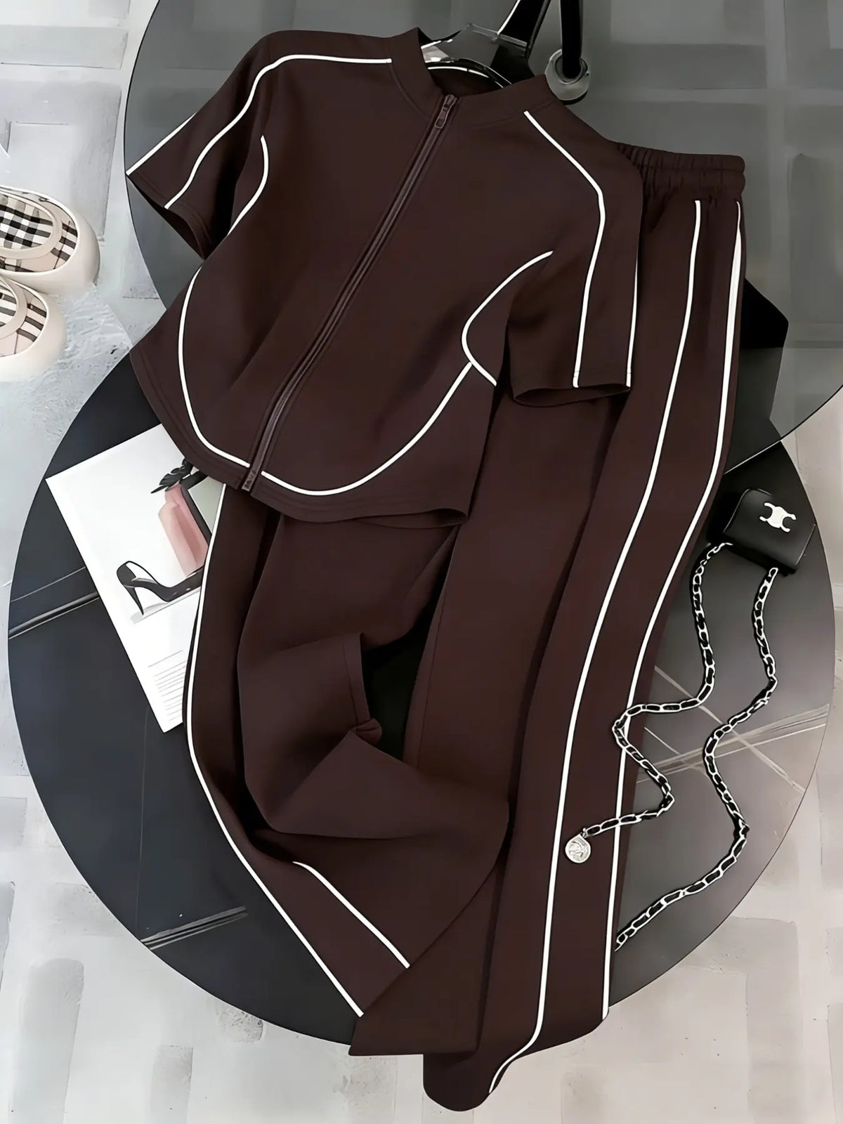 Women's Spring Summer Casual Set Two-Piece Slim Fit Zipper Top & Long Pants, Perfect for Daily Wear, Outdoor, Formal & Casual Suits, Clothing Sets