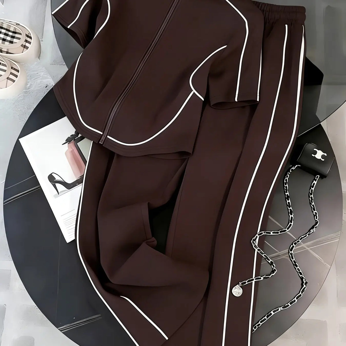 Women's Spring Summer Casual Set Two-Piece Slim Fit Zipper Top & Long Pants, Perfect for Daily Wear, Outdoor, Formal & Casual Suits, Clothing Sets