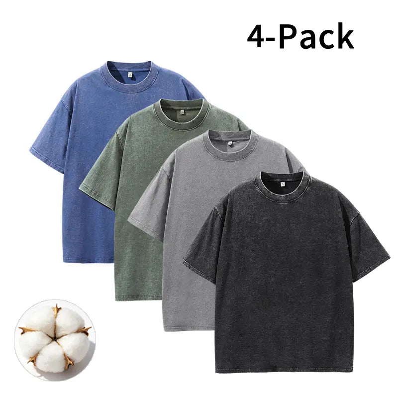 Men's Vintage Washed Cotton Streetwear T-Shirts, 2/4-Pack Oversized Plain Round Neck Bundle Short-Sleeve Tops with Cotton Build for Daily Rotation, Men's T Shirts