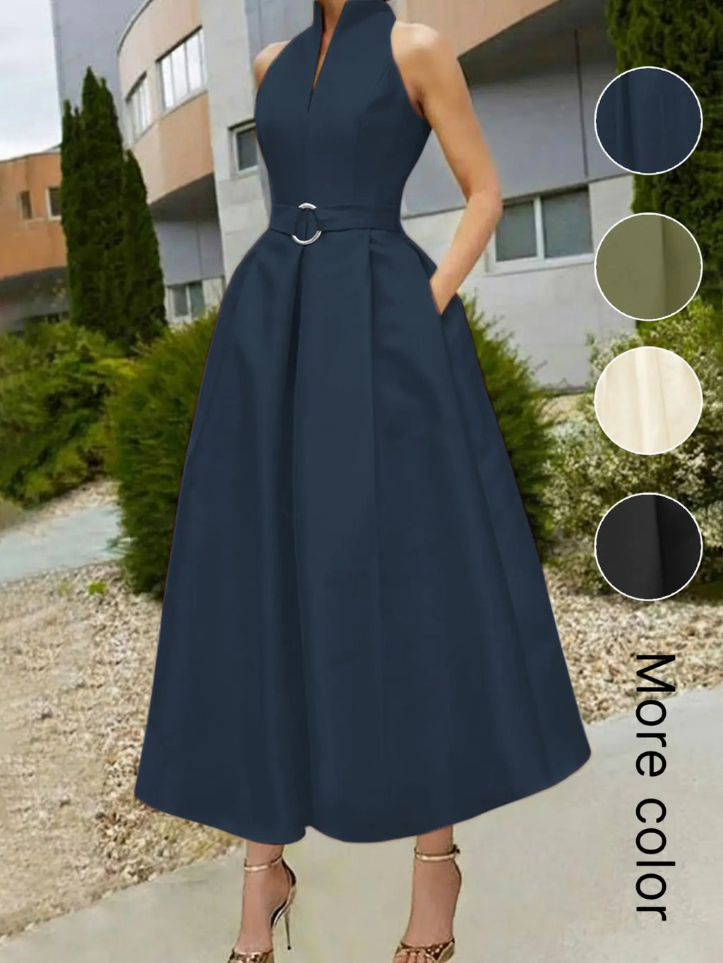 Elegant Chic Women's Party Dress Formal Wear, Solid Tie-Waist A-Line Skirt, Spring Summer New, Sleeveless V-Neck Commuter Dress for Urban Style, Elegant Minimalist Dress