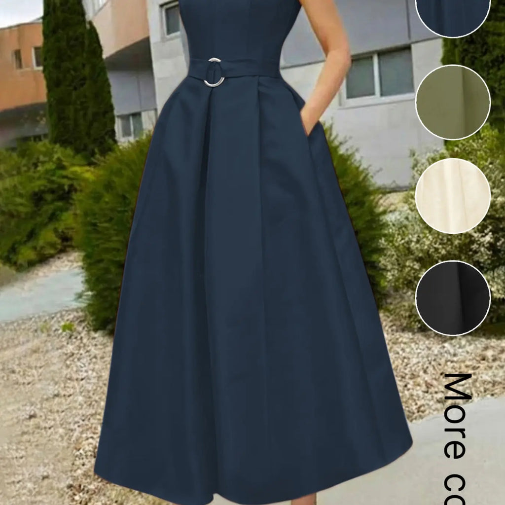 Elegant Chic Women's Party Dress Formal Wear, Solid Tie-Waist A-Line Skirt, Spring Summer New, Sleeveless V-Neck Commuter Dress for Urban Style, Elegant Minimalist Dress