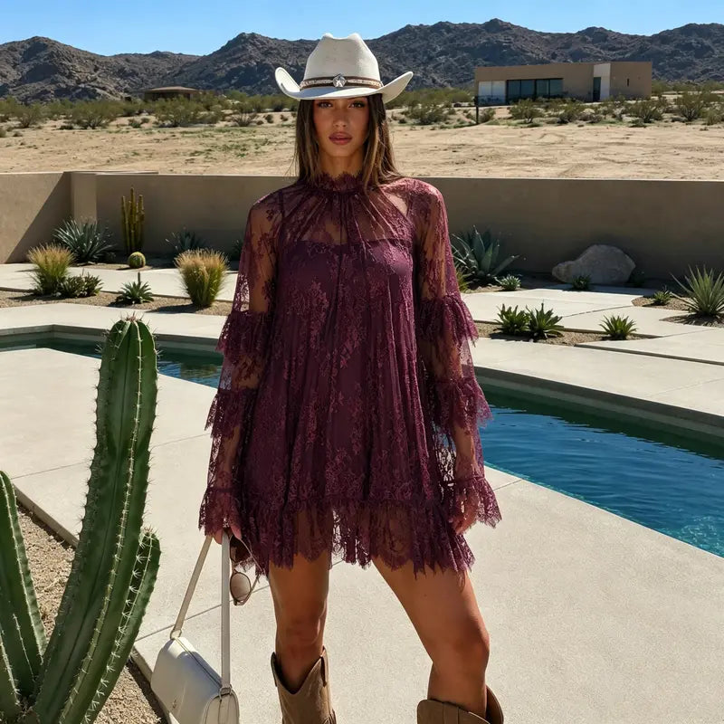 Chicovar  NO Lining! Women's Sheer Lace Dress, See Through, Unlined, Long Sleeve, Crew Neck, Elegant Night Out Mini Dress, Concert, Party, sohochic