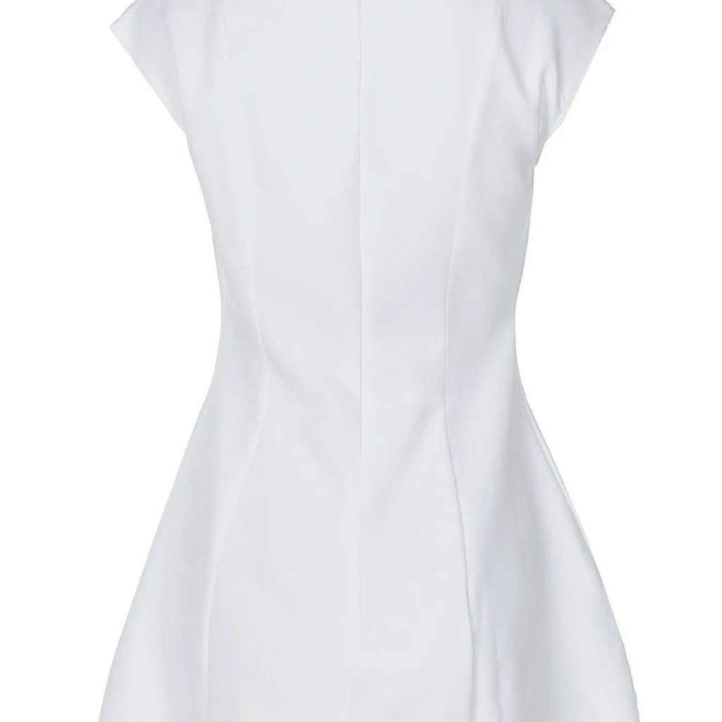 Women's Solid Deep V-Neck A-Line Short Dress, Chic Elegant Fitted, Elegant Minimalist Cap Sleeve Zipper Dress, for Daily, Party & Dating Wear