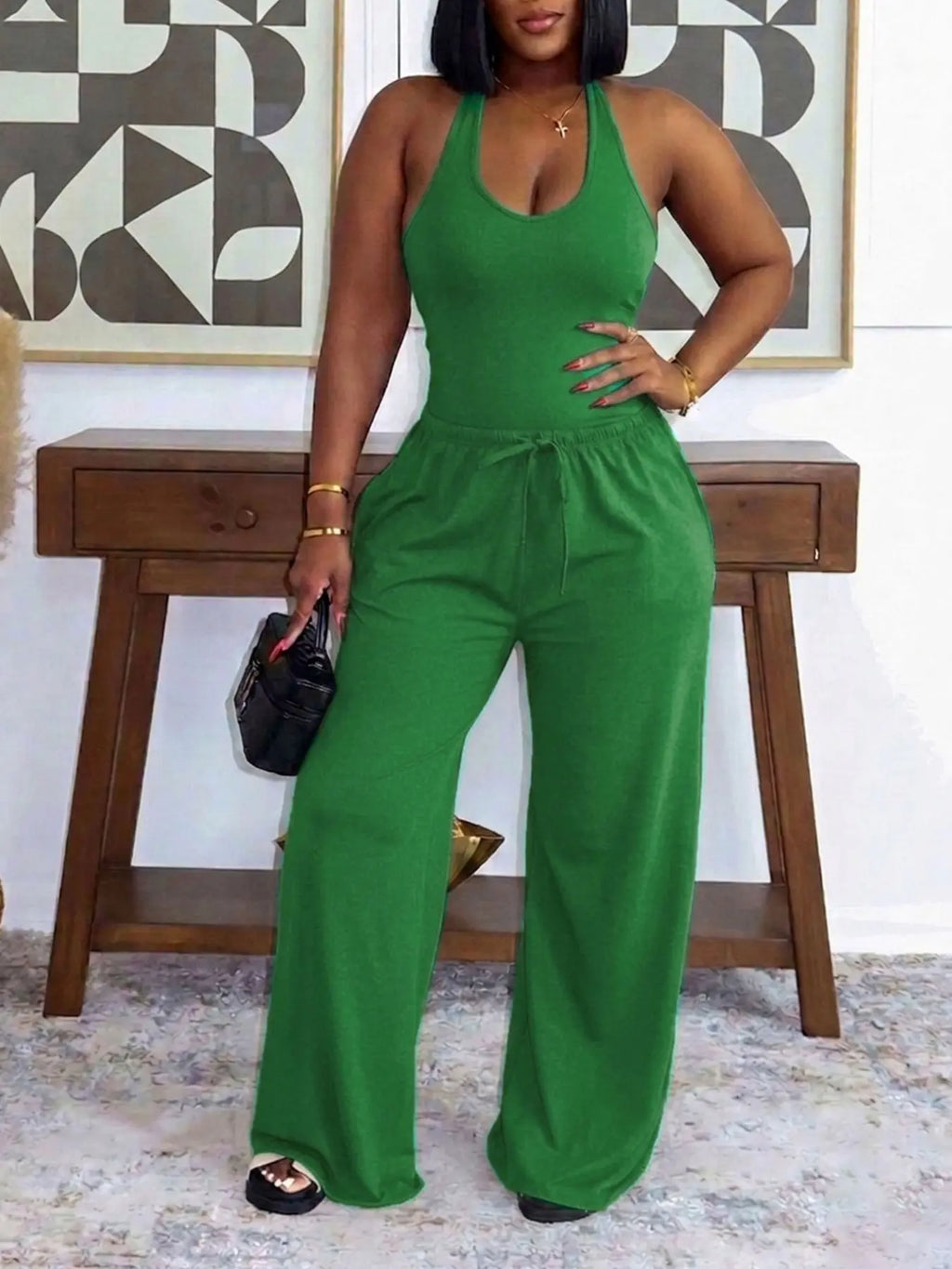 Summer New Women's Halter Neck Slimming Top & Wide-Leg Pants, Casual Backless Waist Cinch Crop Top & Drawstring Waist Pants, Womenswear