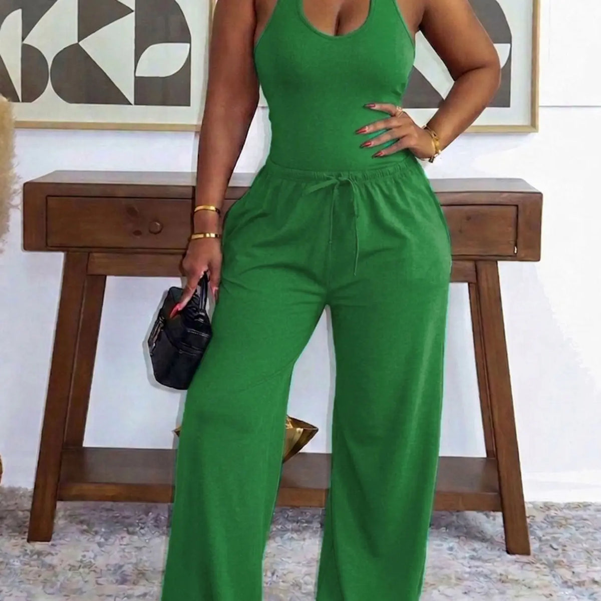 Summer New Women's Halter Neck Slimming Top & Wide-Leg Pants, Casual Backless Waist Cinch Crop Top & Drawstring Waist Pants, Womenswear