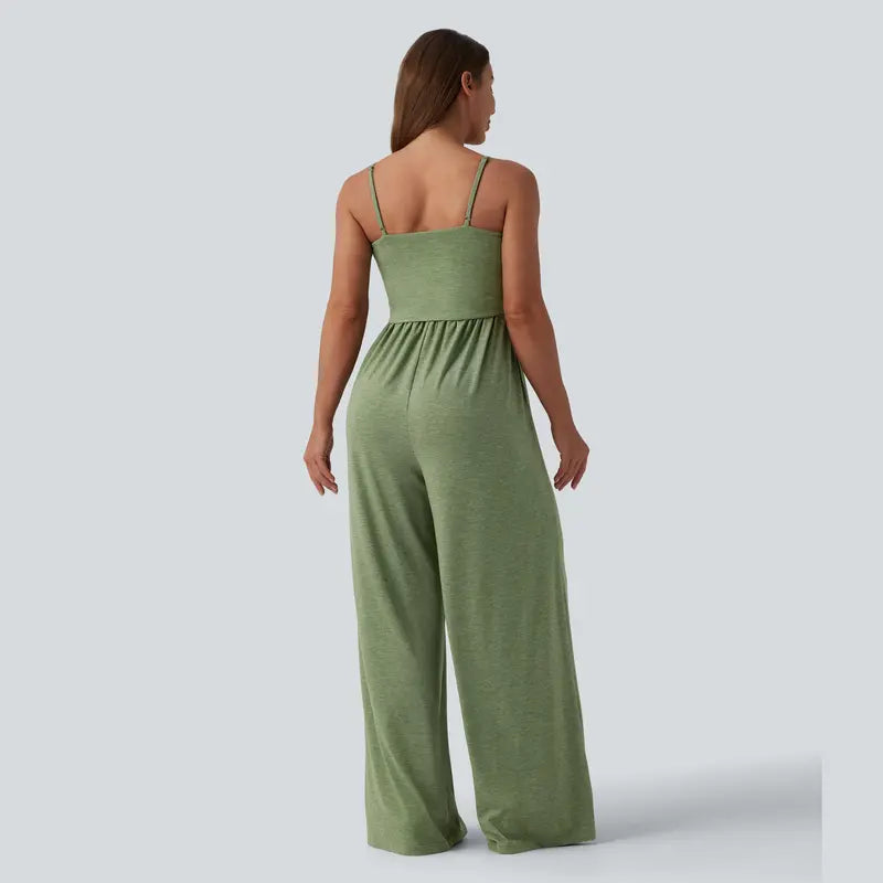 Halara Adjustable Straps Ruched Wide Leg Heathered Casual Jumpsuit with Pockets-Easy Peezy