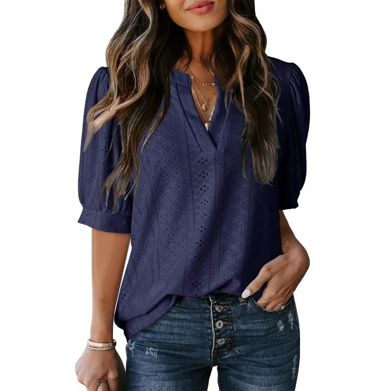Dokotoo Women's Summer Business Casual Blouses V Neck Short Sleeve Shirts Hollow Out Cute Lace Tops Loose Fit Breathable Fabric