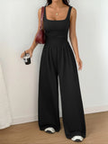 Women's Casual Fit Knitted Solid Square-Neck Jumpsuit, Basic, Fashionable, Comfortable and Versatile Wide-Leg Jumpsuit, Everyday Womenswear, Fit Jumpsuits