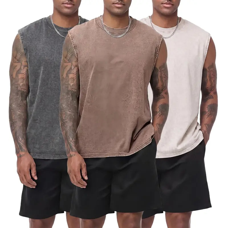 3-pack vintage textured pure cotton sleeveless T-shirts with a distressed wash; crew neck, wide shoulders; casual athletic base layer tank tops for sports, leisure, fitness, running, and basketball. Athleisure Tee Activewear T Shirts