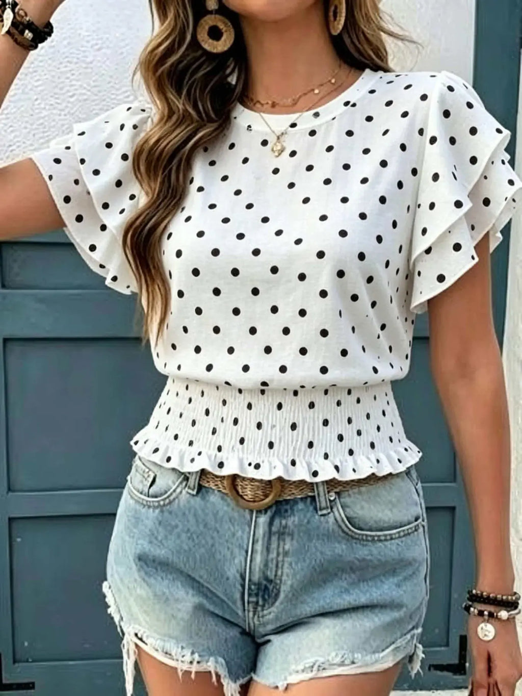 Women's Casual Polka Dot Ruffled Hem Short Sleeve Round Neck Top, Summer Fashion Blouse, Comfortable and Stylish Top for Daily Wear
