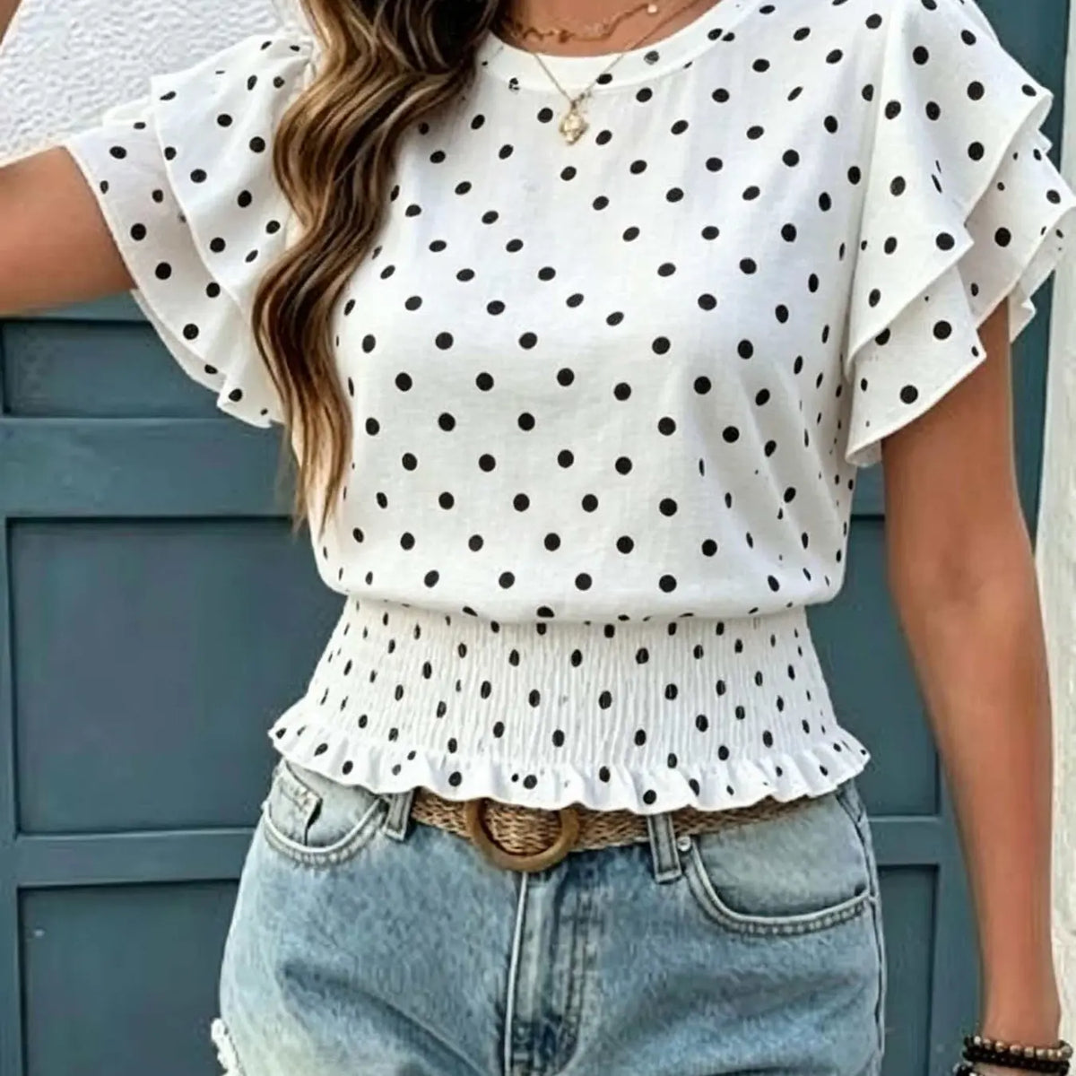 Women's Casual Polka Dot Ruffled Hem Short Sleeve Round Neck Top, Summer Fashion Blouse, Comfortable and Stylish Top for Daily Wear