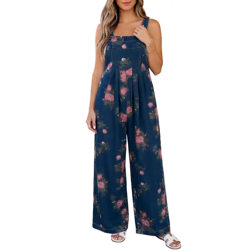 Mntaor Women's Trendy High Waist Wide Leg Denim Jumpsuit Beau Blue Floral Print Pleated Detail Comfortable Stretch Instant Outfit for Vacations Date Nights Work From Home Womenswear Overalls