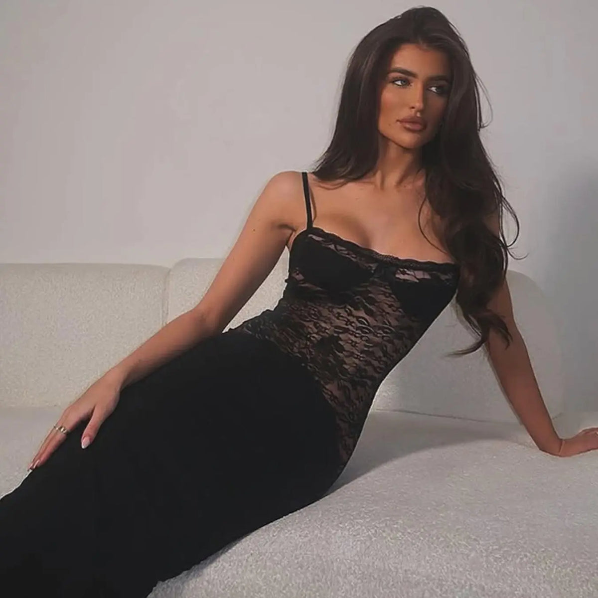 Women's Solid Color Lace Spaghetti Strap Bodycon Dress, Sexy Fitted Fashion Dress for Party, Club and Dating Wear, Summer Clothing