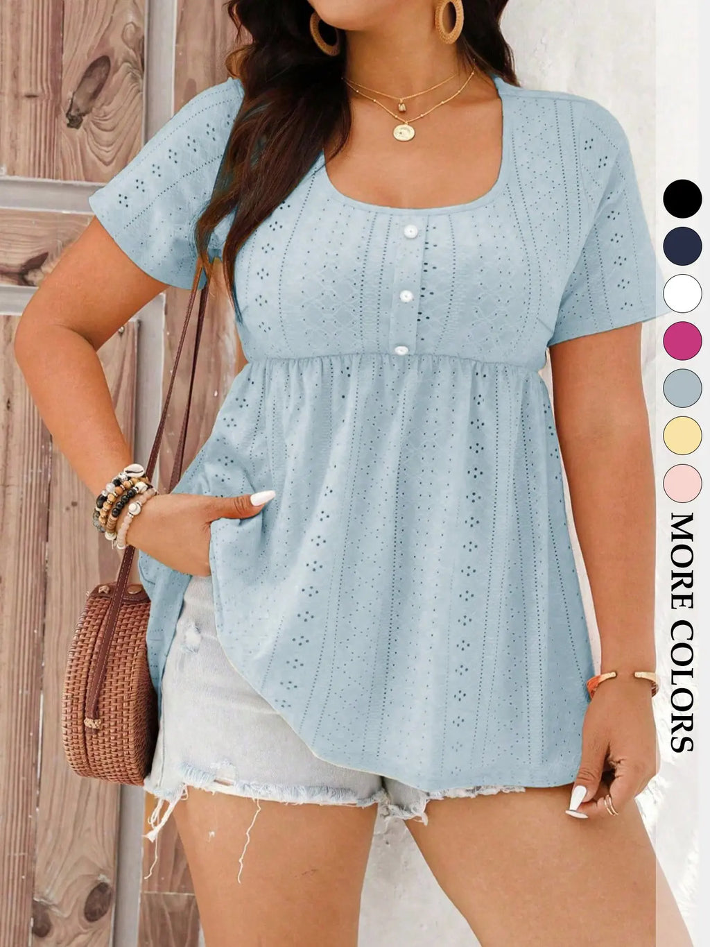 Women's Plus Size Babydoll Eyelet Peplum Top, Shirts, Boho Clothing, Short Sleeve Scoop Neck Pearl Button Casual Chic Bohemian Blouse, Flowy Tummy Control Fit Boho Summer Style