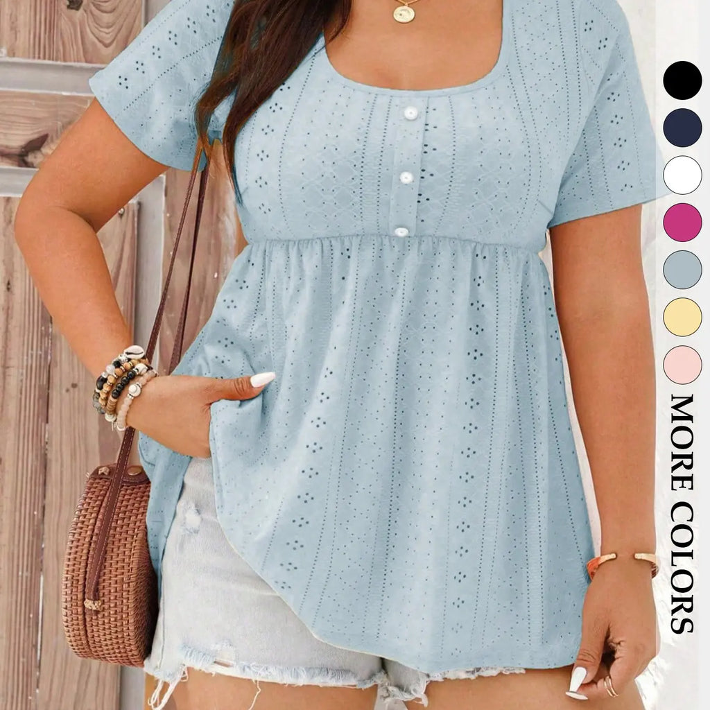 Women's Plus Size Babydoll Eyelet Peplum Top, Shirts, Boho Clothing, Short Sleeve Scoop Neck Pearl Button Casual Chic Bohemian Blouse, Flowy Tummy Control Fit Boho Summer Style