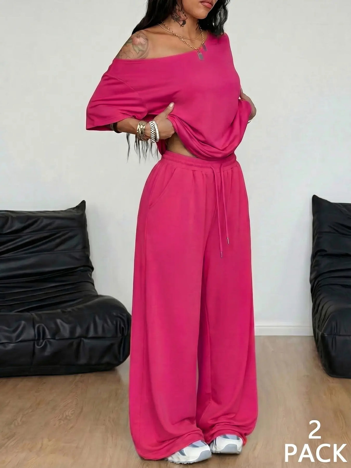 2pcs/Set Women's Minimalist Basic Daily Wear Going Out Sport Comfortable Off Shoulder T-Shirt And Wide Leg Pants Two Pieces Outfits Clothes