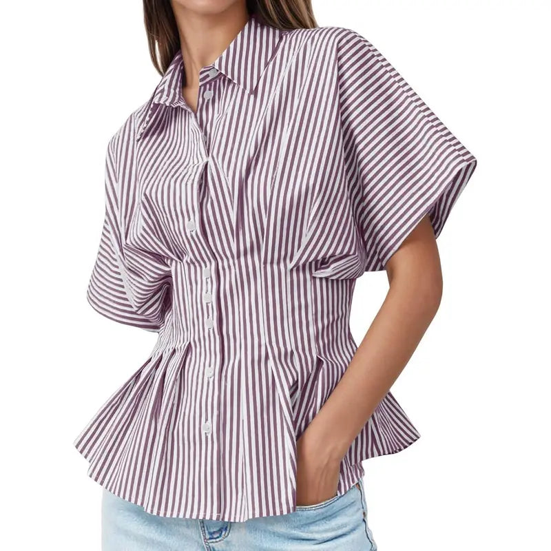 TANKANEO Women's Striped Peplum Button-Down Blouse - Short-Sleeve Batwing, Fitted Waisted, Pleated Polyester Shirts for Women, Flattering Everyday Tops, Breathable Casual Summer Business Wear