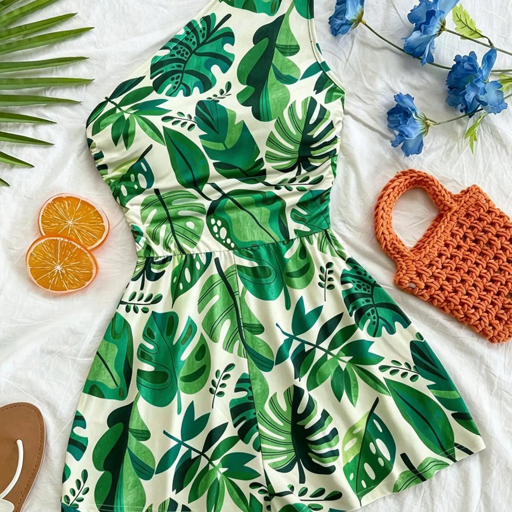 Women's Multicolor Tropical Print One-Shoulder Short Romper, Elastic Waist, Stylish Summer Beach Casual Wear