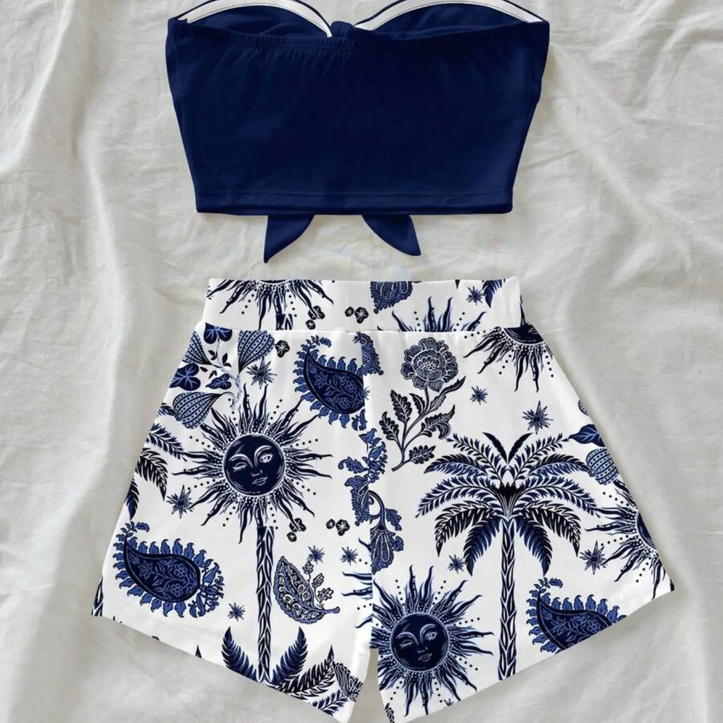 Women's Two-Piece Casual Vacation Tie Front Crop Top and Print Shorts Set, Summer Beach Wear, Beach Outfits Set, Daily Festival Clothing