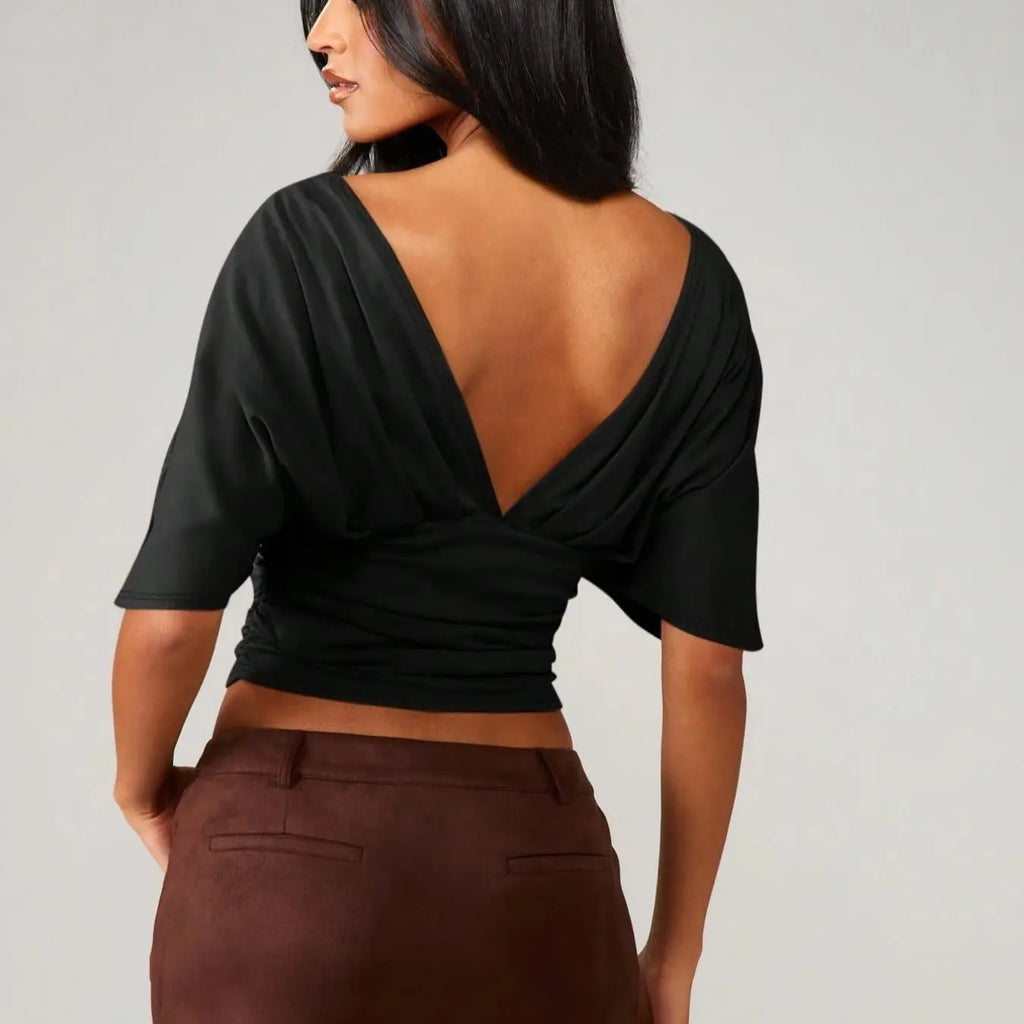 Women's Fashion Comfortable Casual Slim Fit Bodycon T-Shirt, V Neck Backless Top, Plain Surface, All Seasons, Fitted Style, Unlined