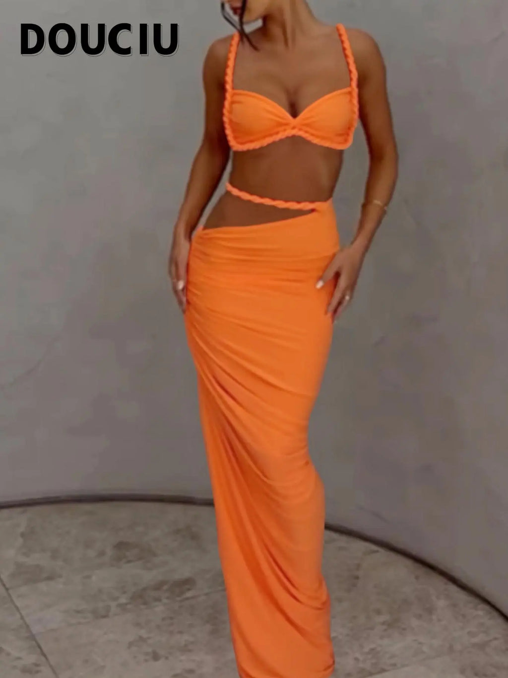 DOUCIU Multicolor Summer Beach Vacation Cool Light Sexy Hot Thin Women's Top Twisted Spaghetti Strap Vest Skirt Two-Piece Set