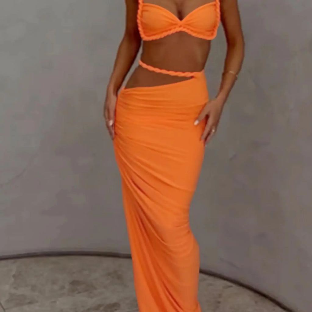 DOUCIU Multicolor Summer Beach Vacation Cool Light Sexy Hot Thin Women's Top Twisted Spaghetti Strap Vest Skirt Two-Piece Set