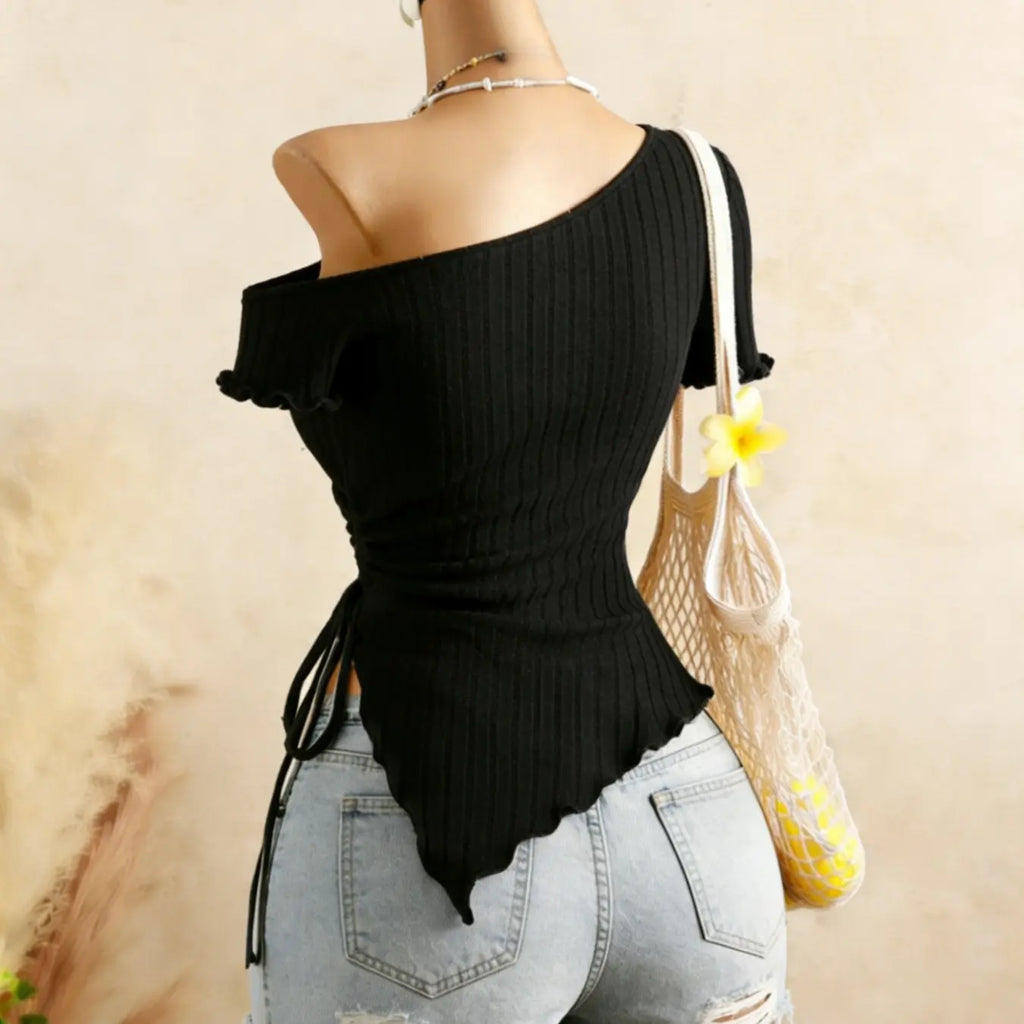 Fashion Asymmetrical Shoulder Top for Women, Womenswear Knitted Ribbed Hem Short Sleeve T-Shirt with Adjustable Side Tie, Stylish Casual Wear, Lady