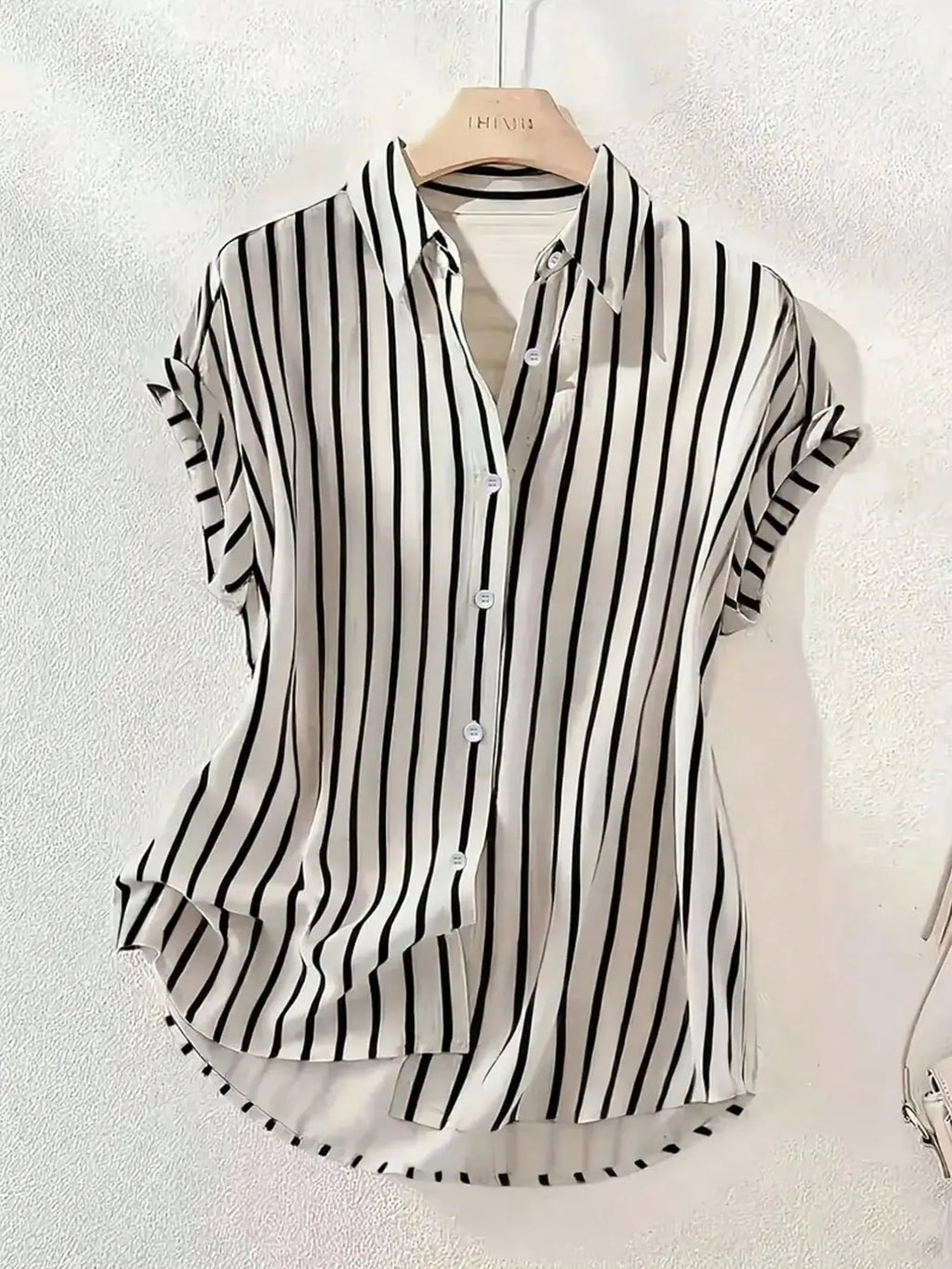 Women's Summer Striped, Single-Breasted Drop Shoulder Short Sleeve Shirt, Loose Tops, High-Low Hem Polyester Colorblock Button-Front Top