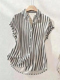 Women's Summer Striped, Single-Breasted Drop Shoulder Short Sleeve Shirt, Loose Tops, High-Low Hem Polyester Colorblock Button-Front Top