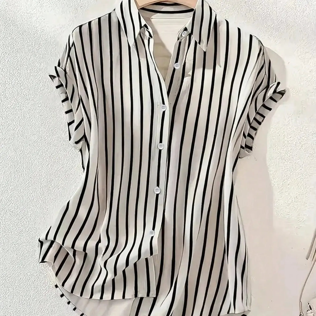 Women's Summer Striped, Single-Breasted Drop Shoulder Short Sleeve Shirt, Loose Tops, High-Low Hem Polyester Colorblock Button-Front Top
