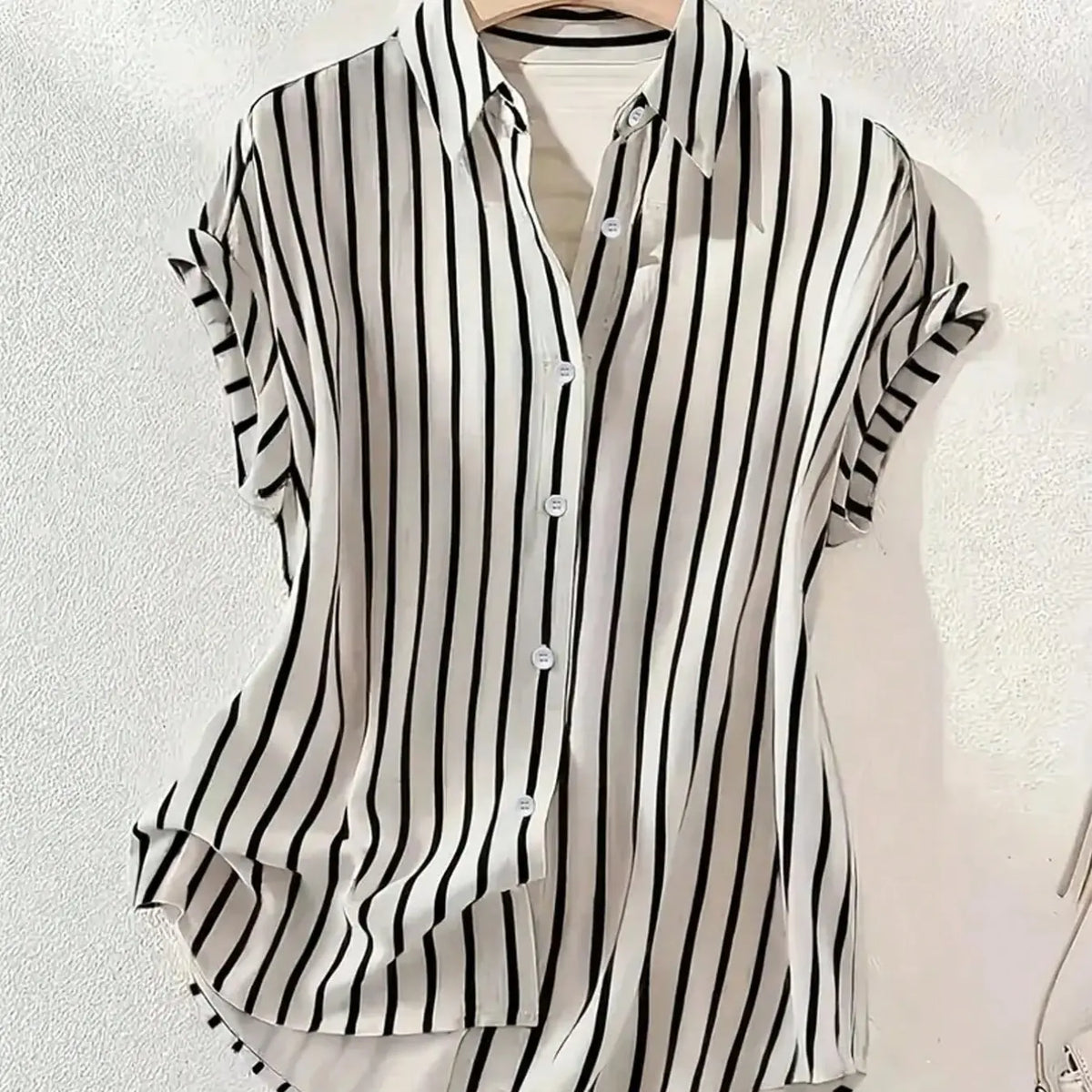 Women's Summer Striped, Single-Breasted Drop Shoulder Short Sleeve Shirt, Loose Tops, High-Low Hem Polyester Colorblock Button-Front Top