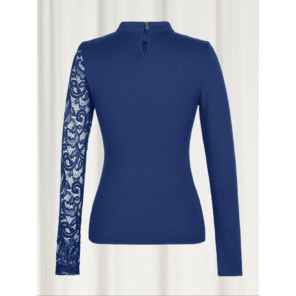 Women's Plain Cut Out Lace Patchwork Mock Neck Tee, Casual Chic Fit Long Sleeve Top for Daily Wear, Ladies Clothes for All Seasons, Casual Daily Tops