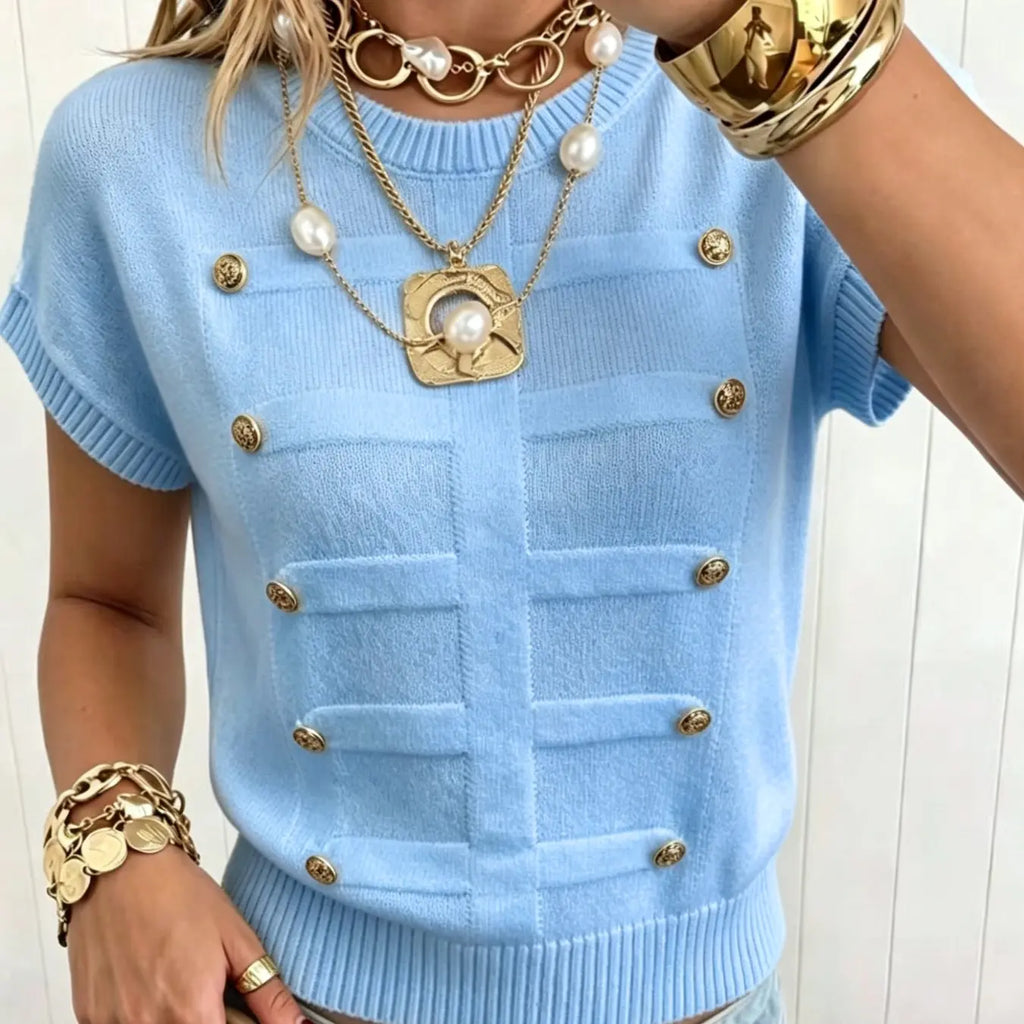 Elegant Loose-Fitting Plain Round Neck Metal Button Short Sleeve Pullover Loose Tops for Daily and Everyday Wear