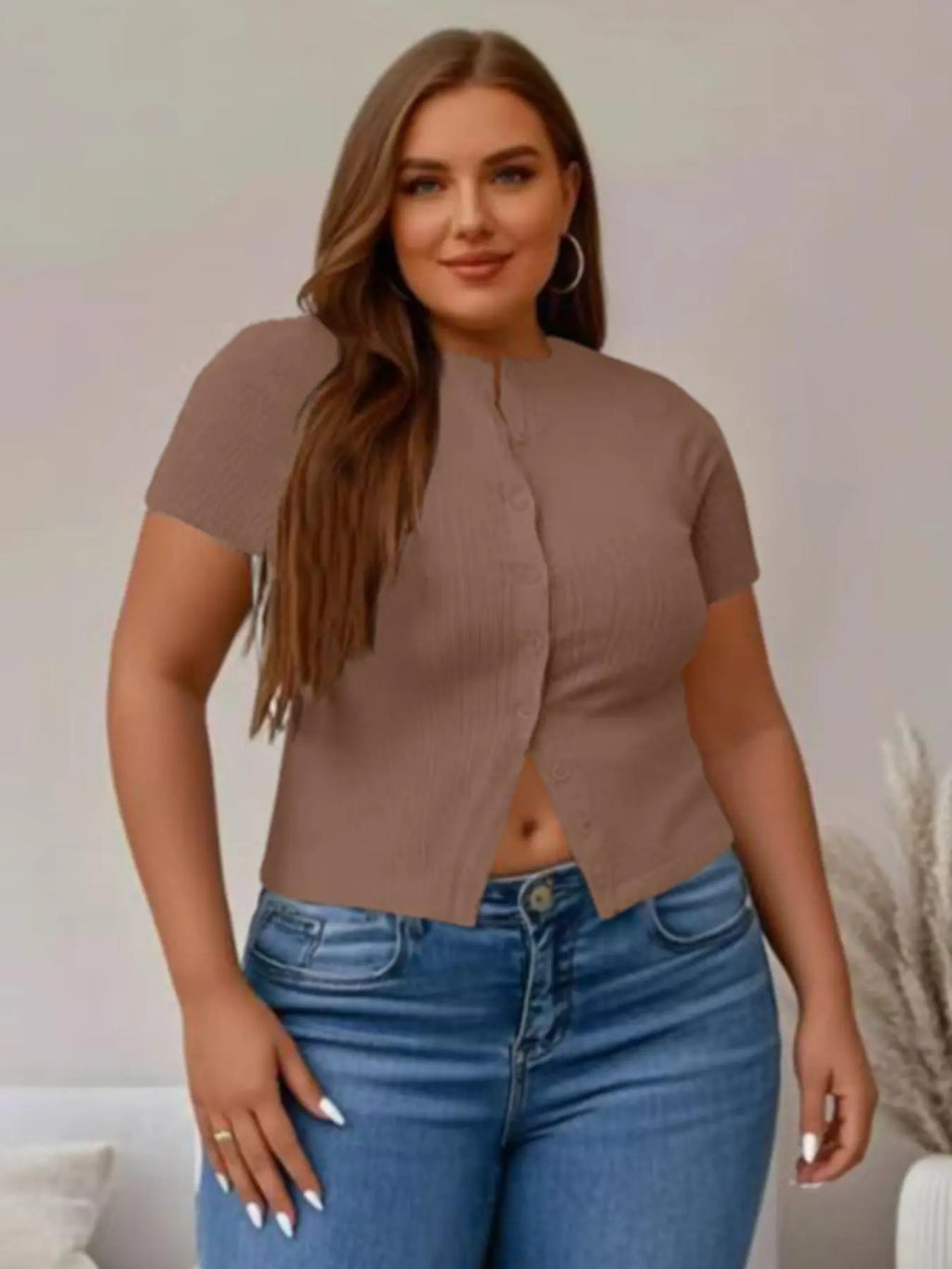 Plus Size Fitted Basic Solid Ribbed Short Sleeve Round Neck Top, Casual Button Front Button Down Closure Top for Summer, Women's Clothing for Daily Wear